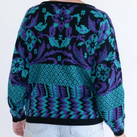 Vintage Country Concepts Black Purple Eclectic Grandma Knit Scoop Neck Sweater M - Picture 3 of 9